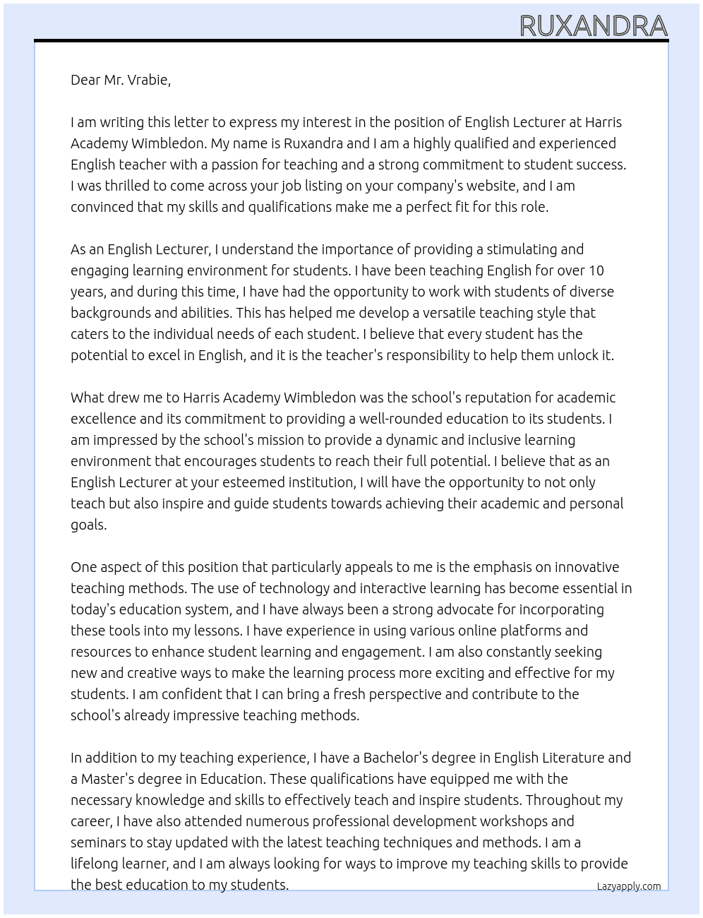 English Lecturer At Harris Academy Wimbledon Cover Letter