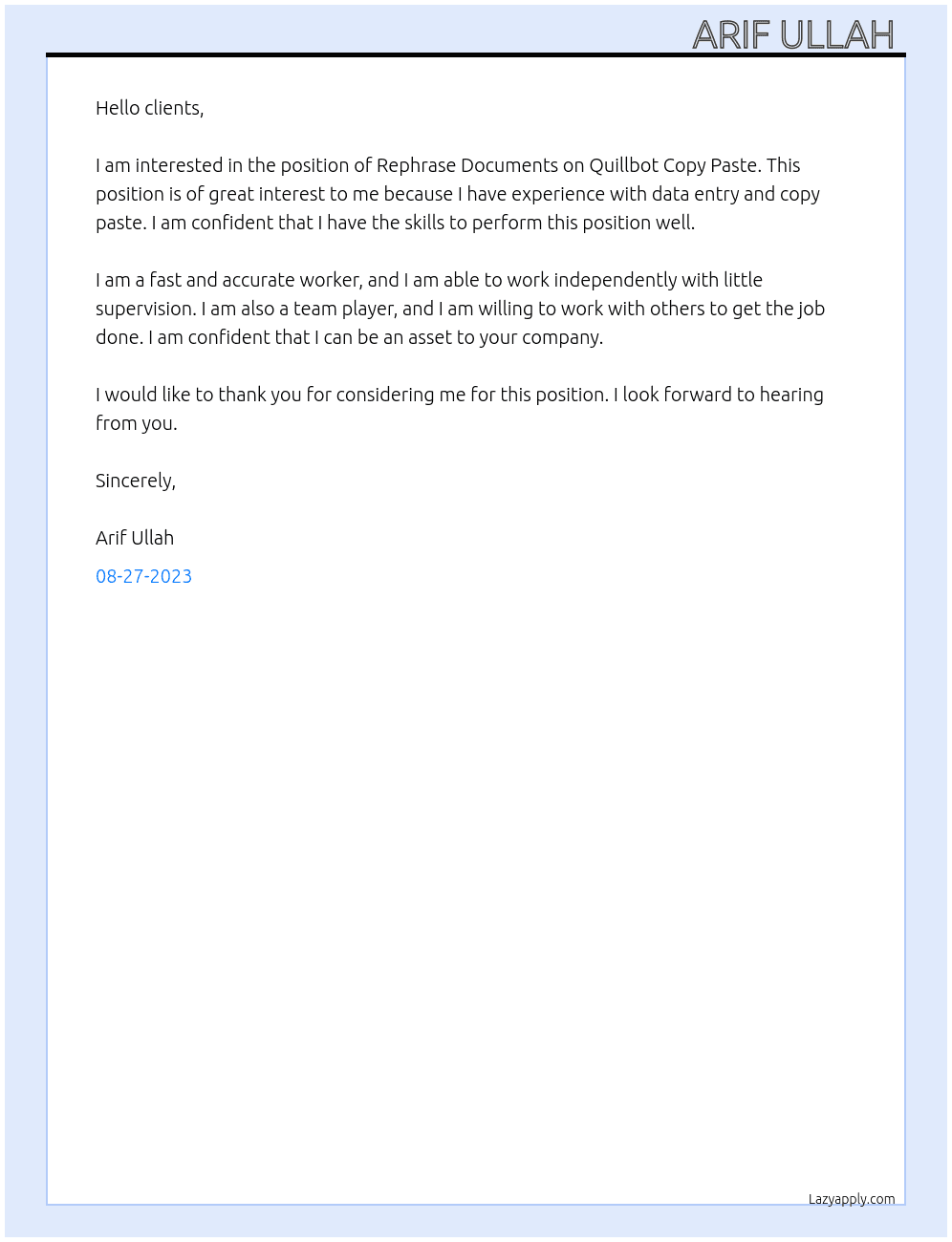 Rephrase Documents on Quillbot Copy Paste At clients Cover Letter