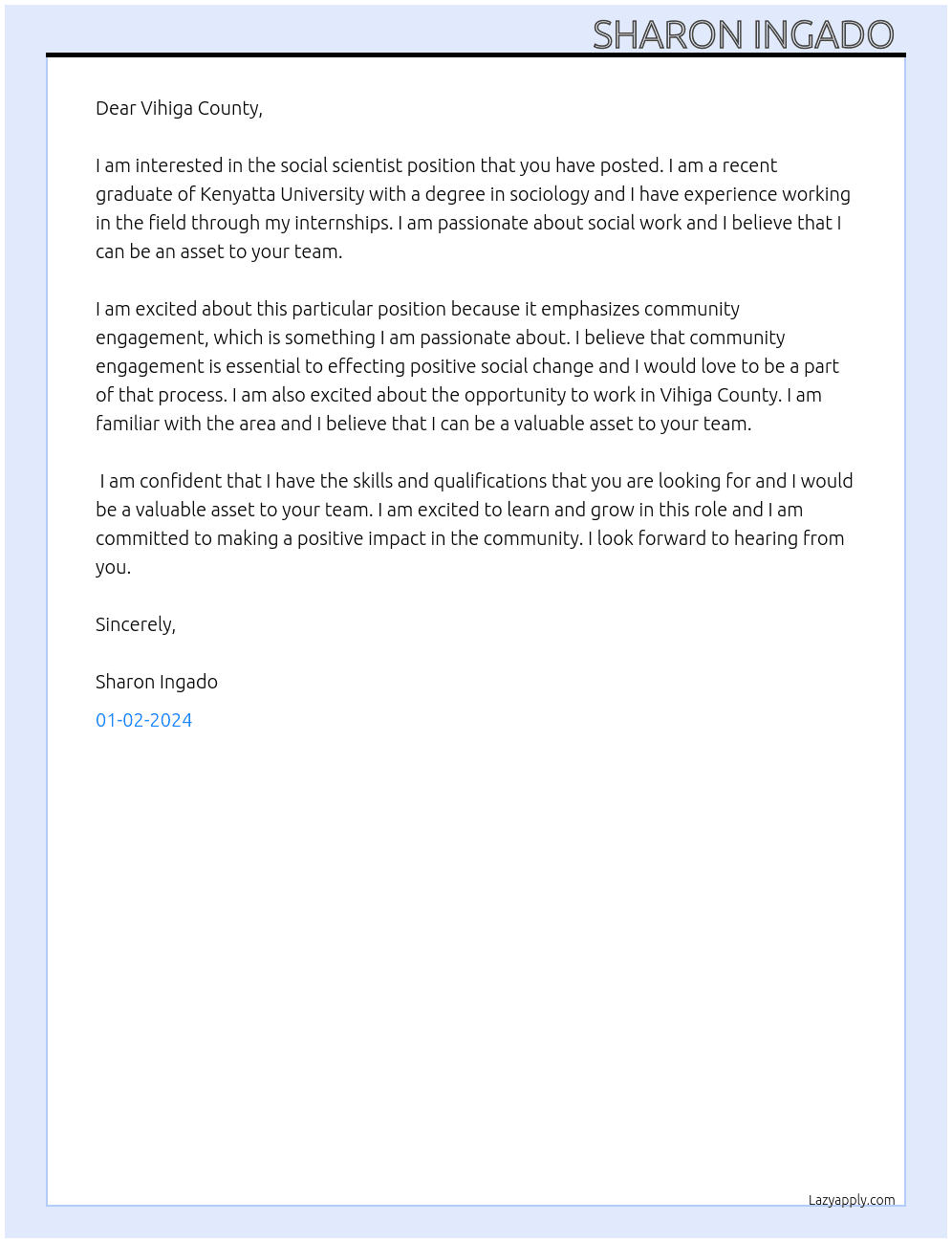 Social scientist  At Vihiga County Cover Letter
