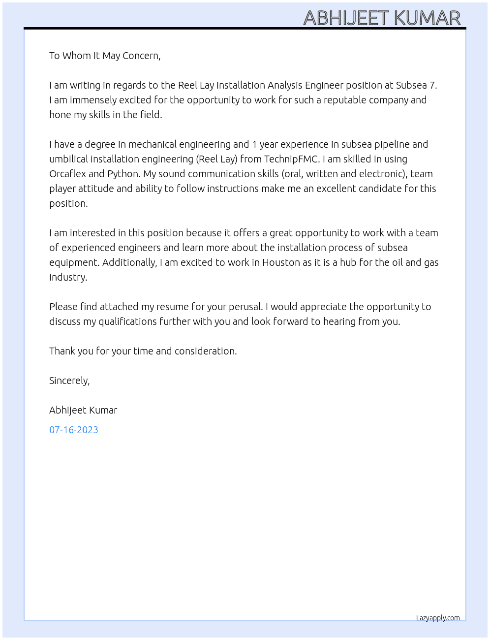 Reel Lay Installation Analysis Engineer  At Subsea 7 Cover Letter