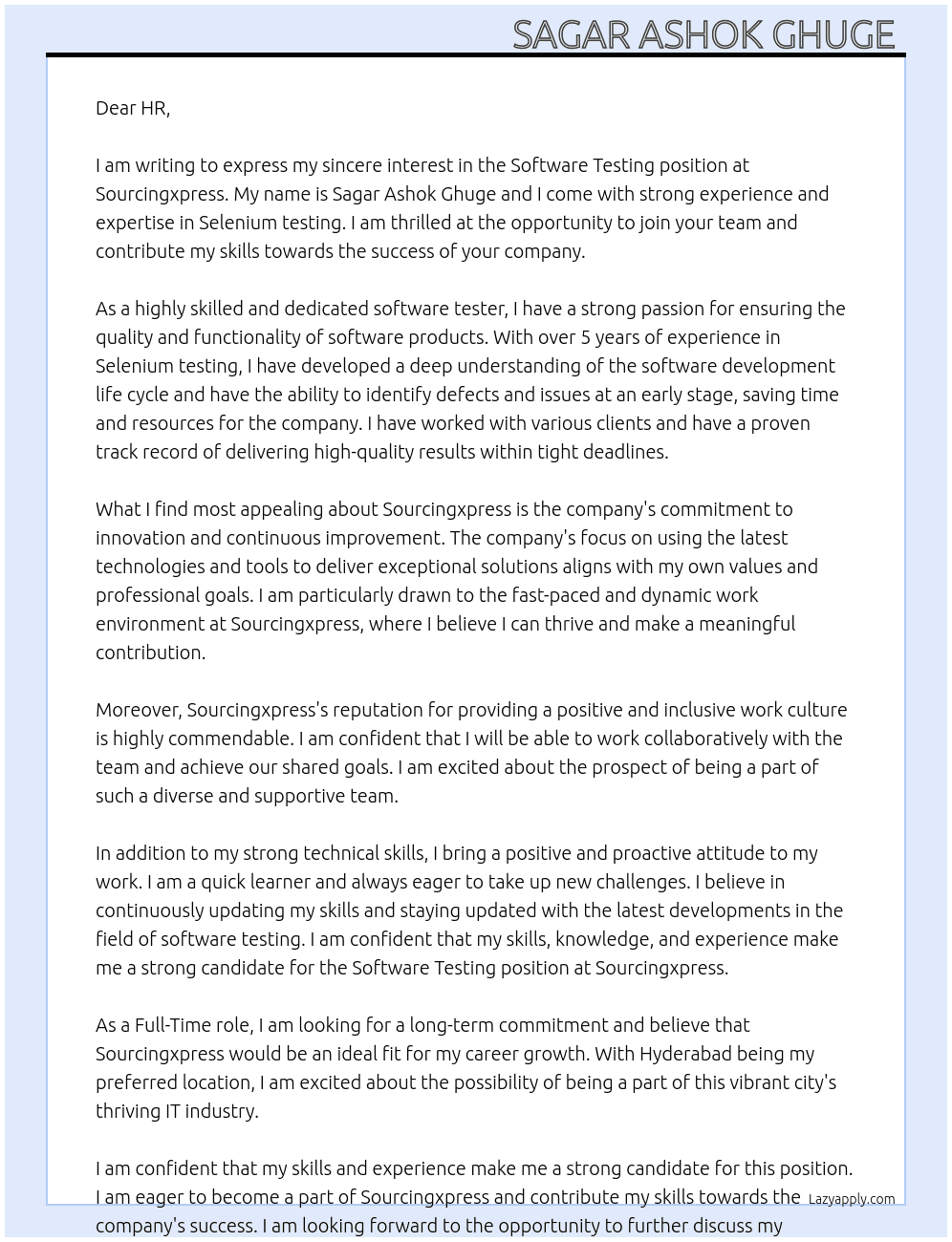 Software testing  At Sourcingxpress Cover Letter