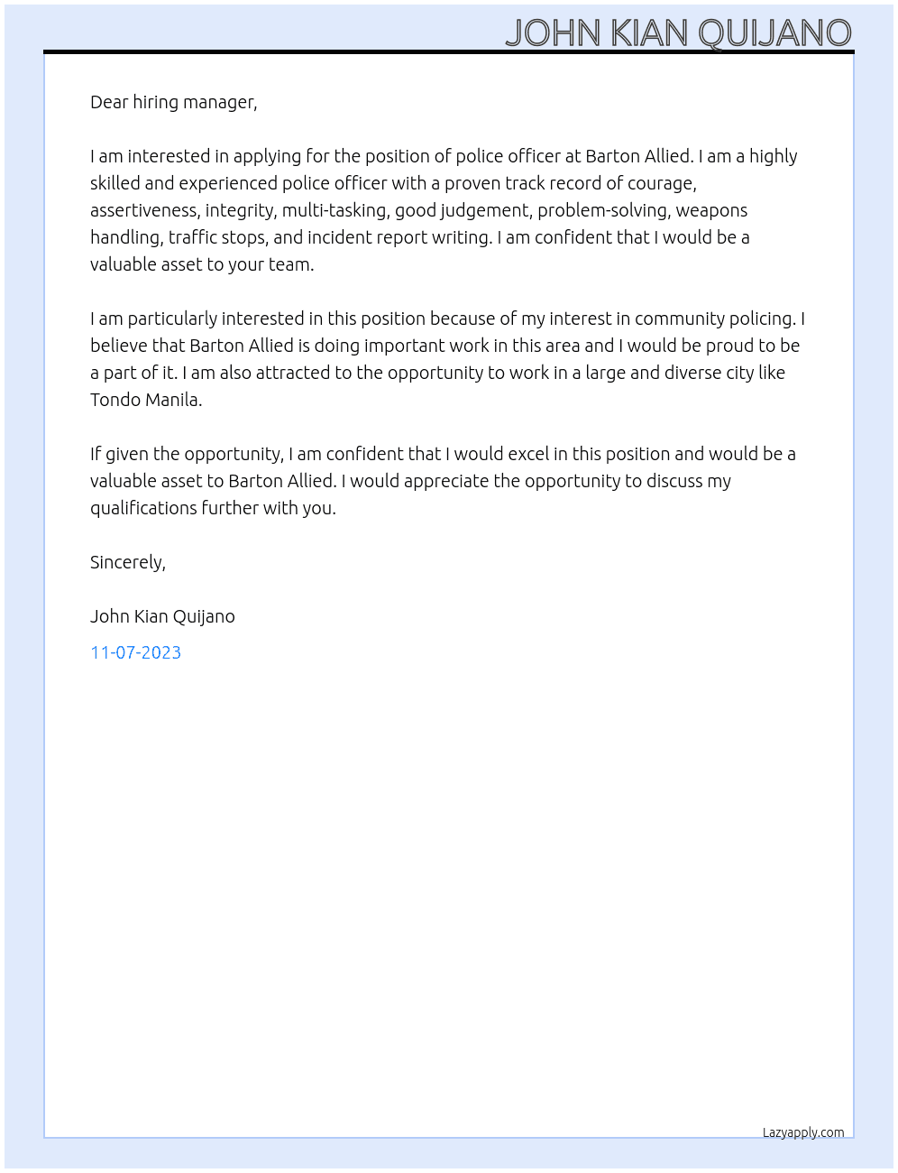 police officer At Barton Allied Cover Letter