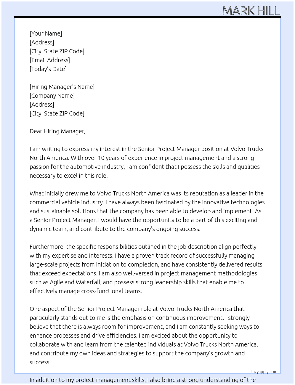 Senior Project Manager At Volvo Trucks North America Cover Letter