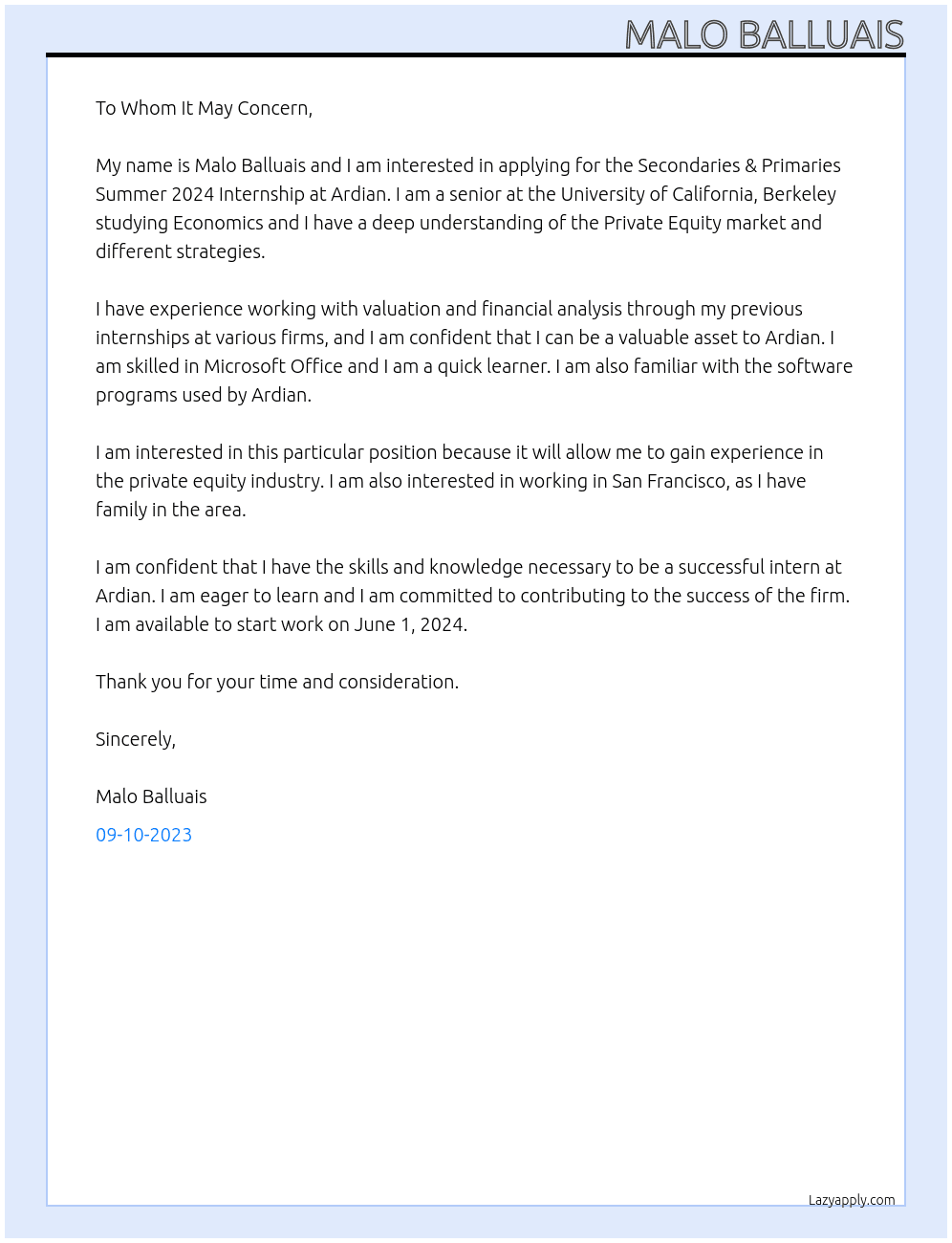 Secondaries & Primaries Summer 2024 Internship At Ardian Cover Letter
