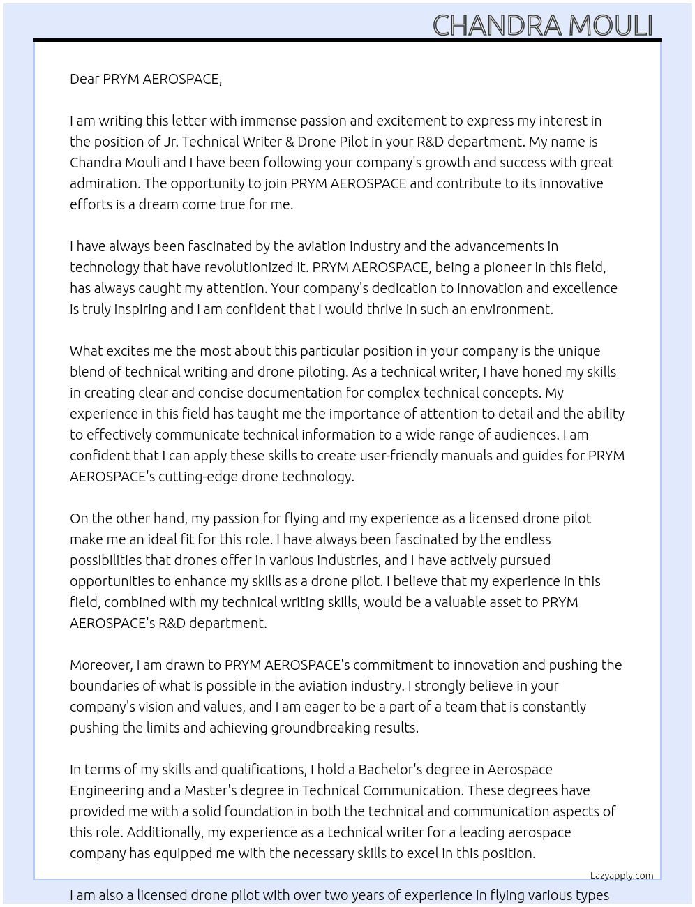 Jr. Technical Writer & Drone Pilot Department R&D At PRYM AEROSPACE  Cover Letter