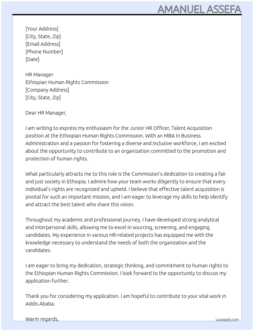 Junior HR office Talent Acquisition  At Ethiopian Human Rights Commission  Cover Letter
