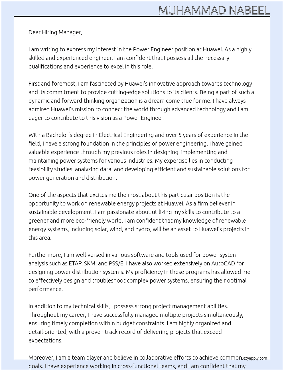 Power Engineer  At Huawei Cover Letter