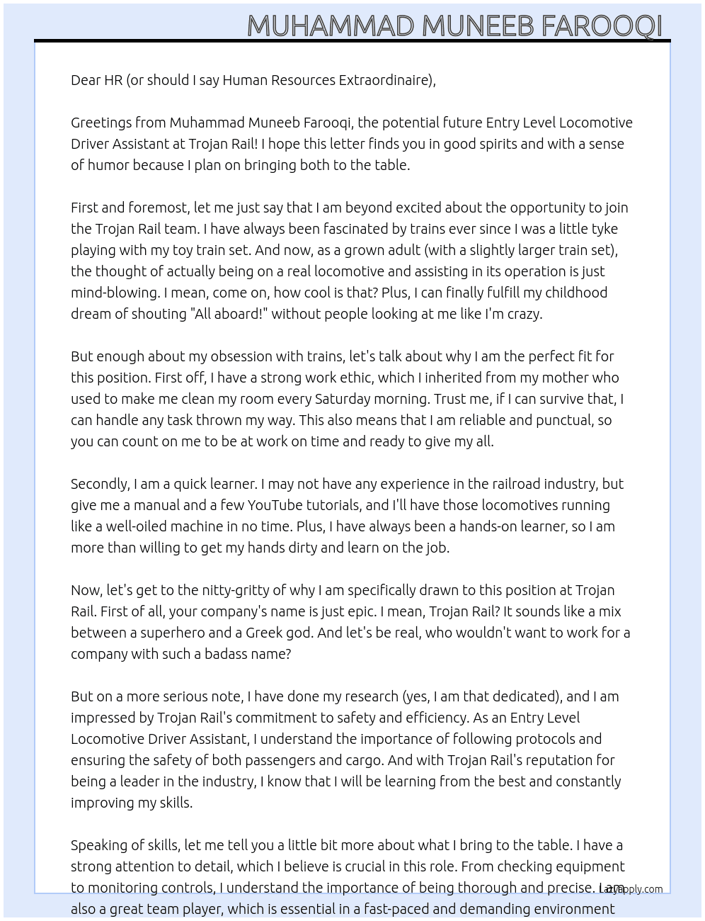 Entry Level Locomotive Driver Assistants At Trojan Rail Cover Letter