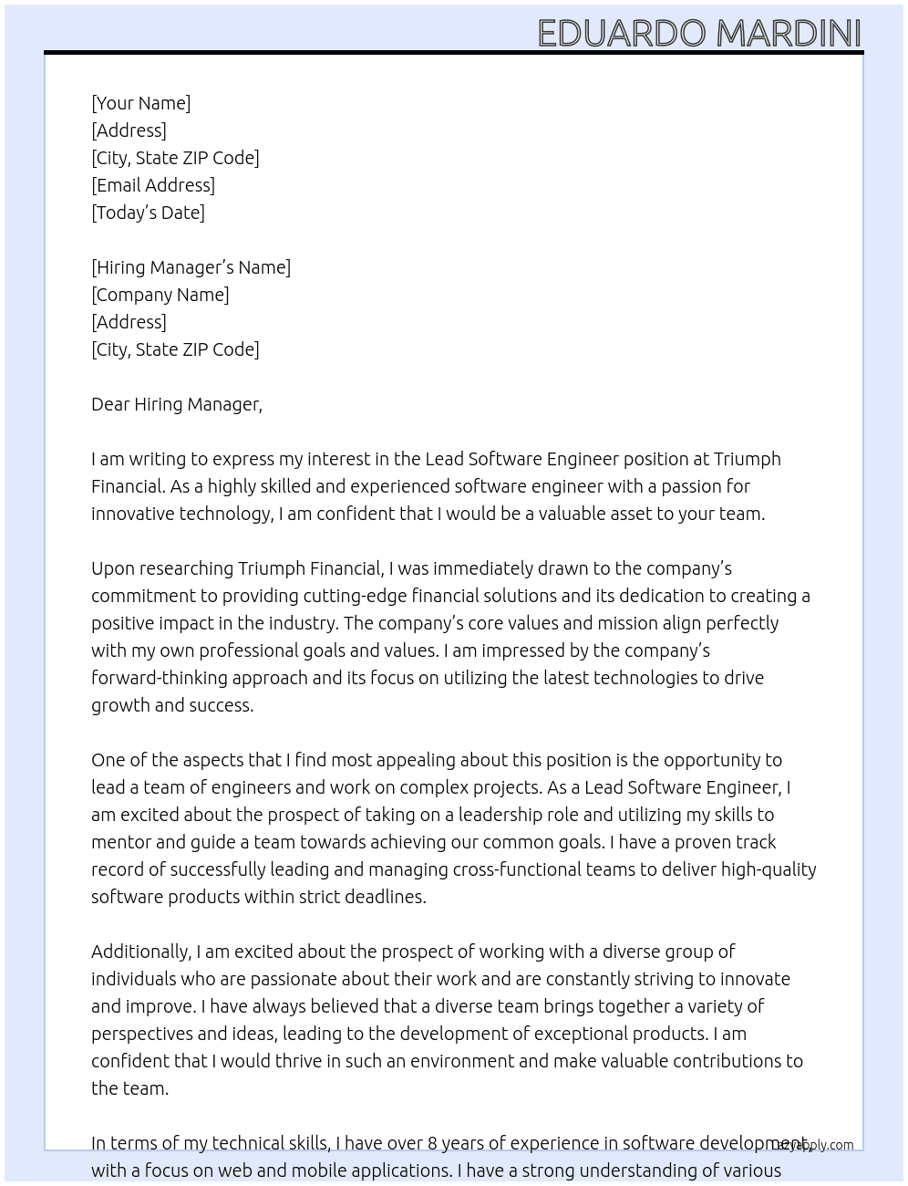 Lead Software Engineer At Triumph Financial Cover Letter