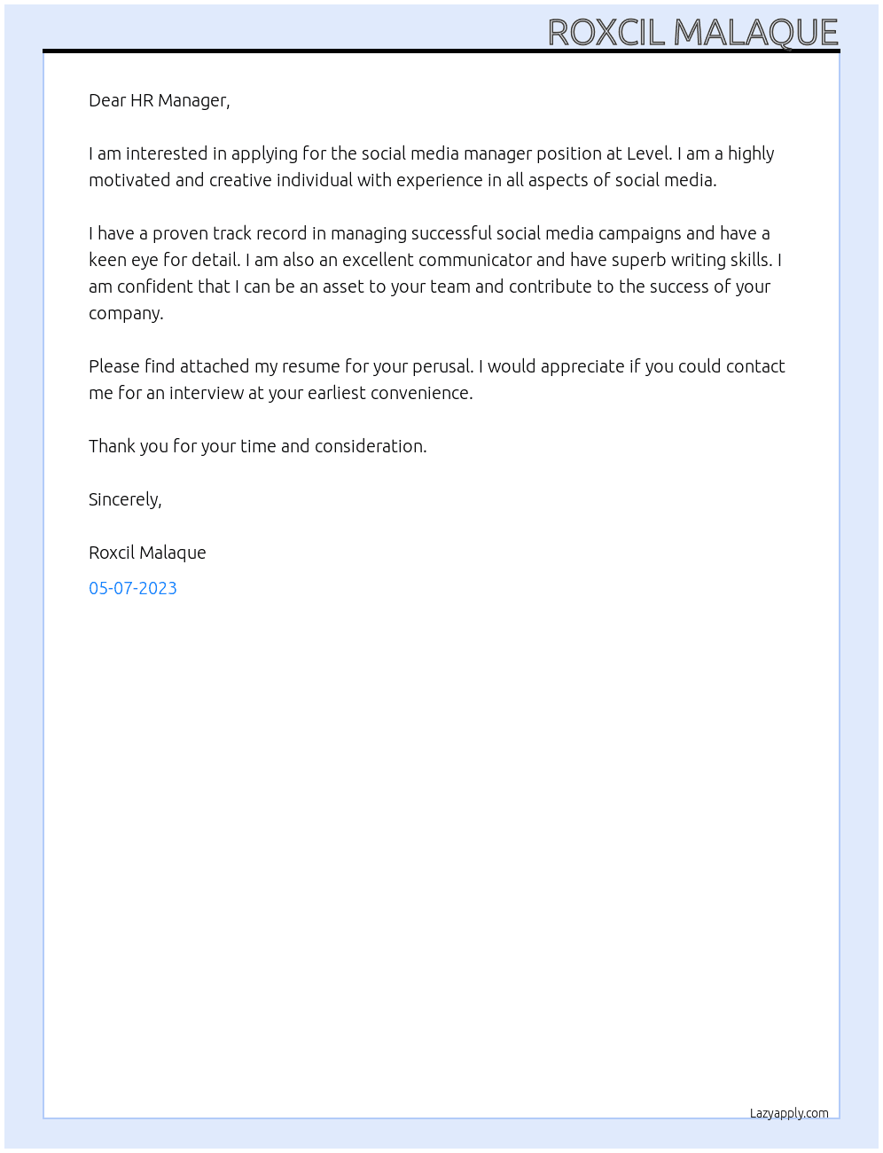 social media manager At Level Cover Letter