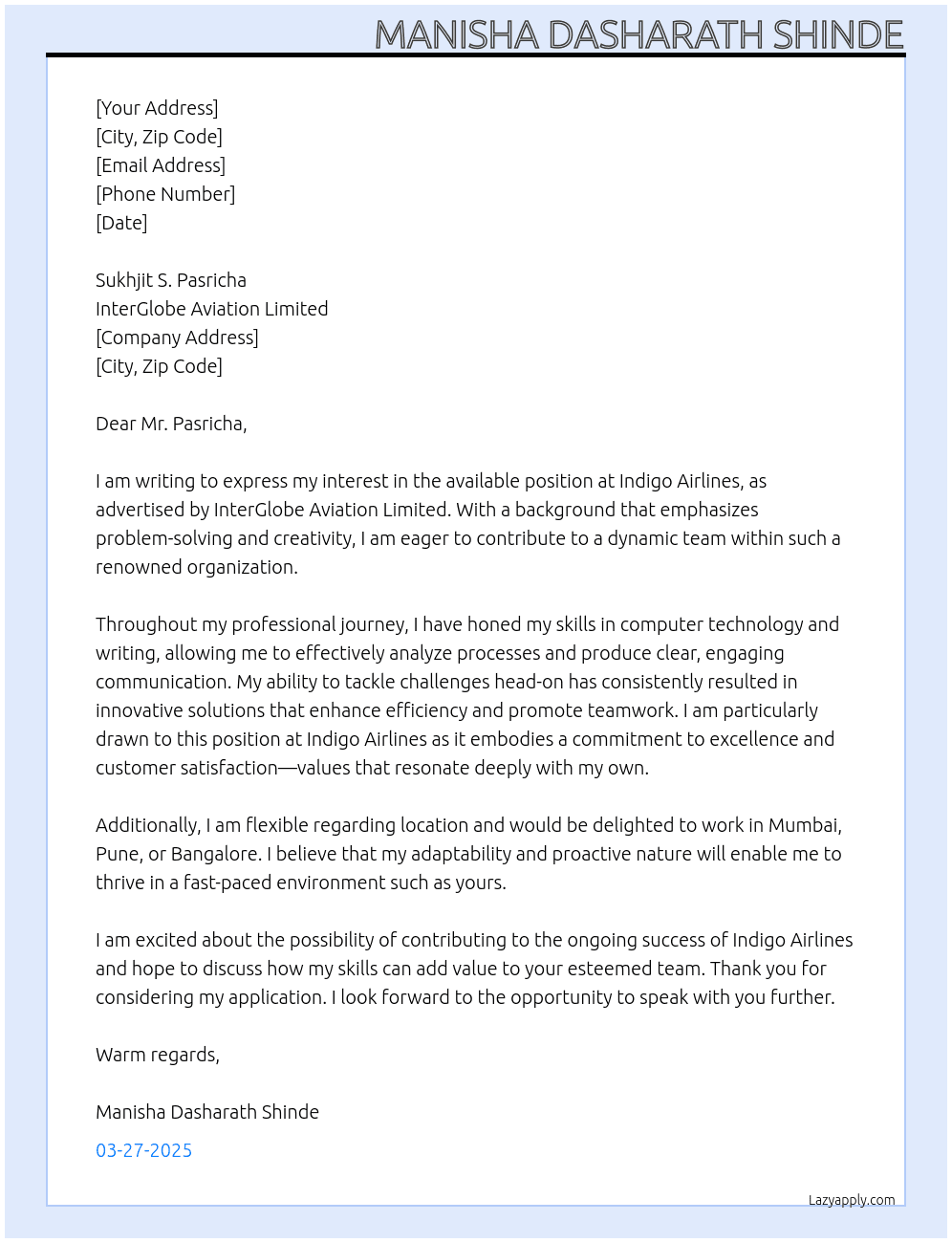Indigo airlines  At InterGlobe Aviation Limited Cover Letter
