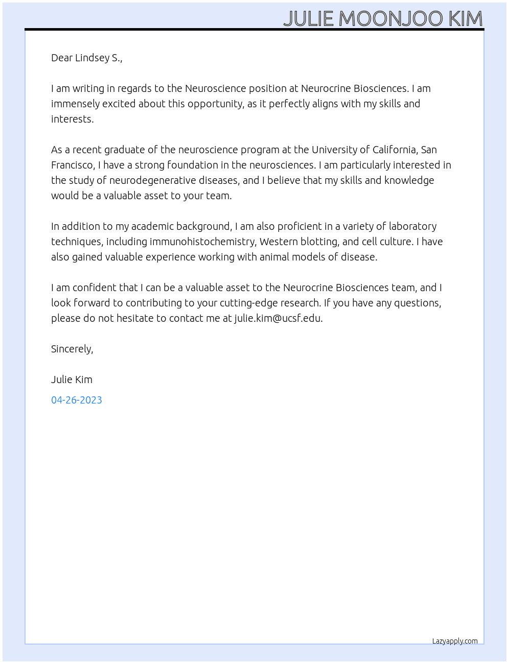 Neuroscience At Neurocrine biosciences Cover Letter