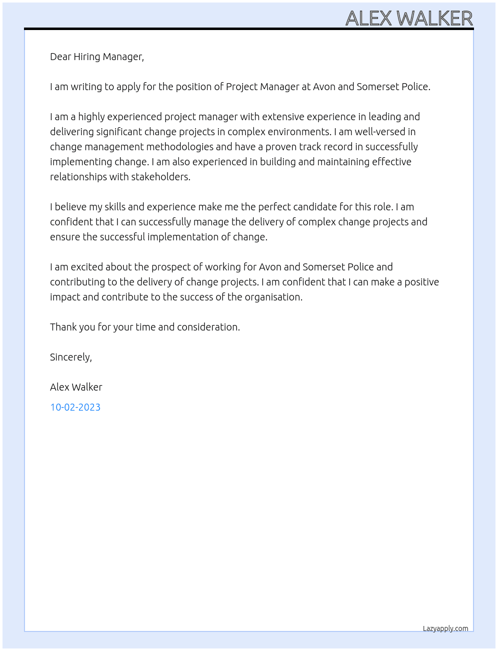 Project Manager At Avon and Somerset Police Cover Letter