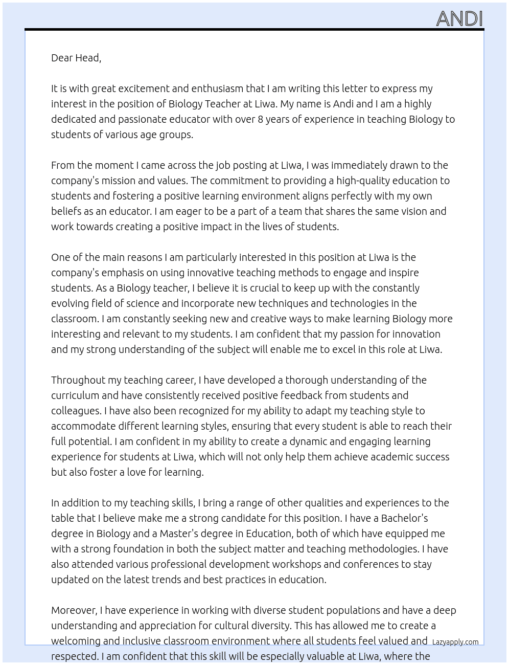 Biology teacher At Liwa Cover Letter