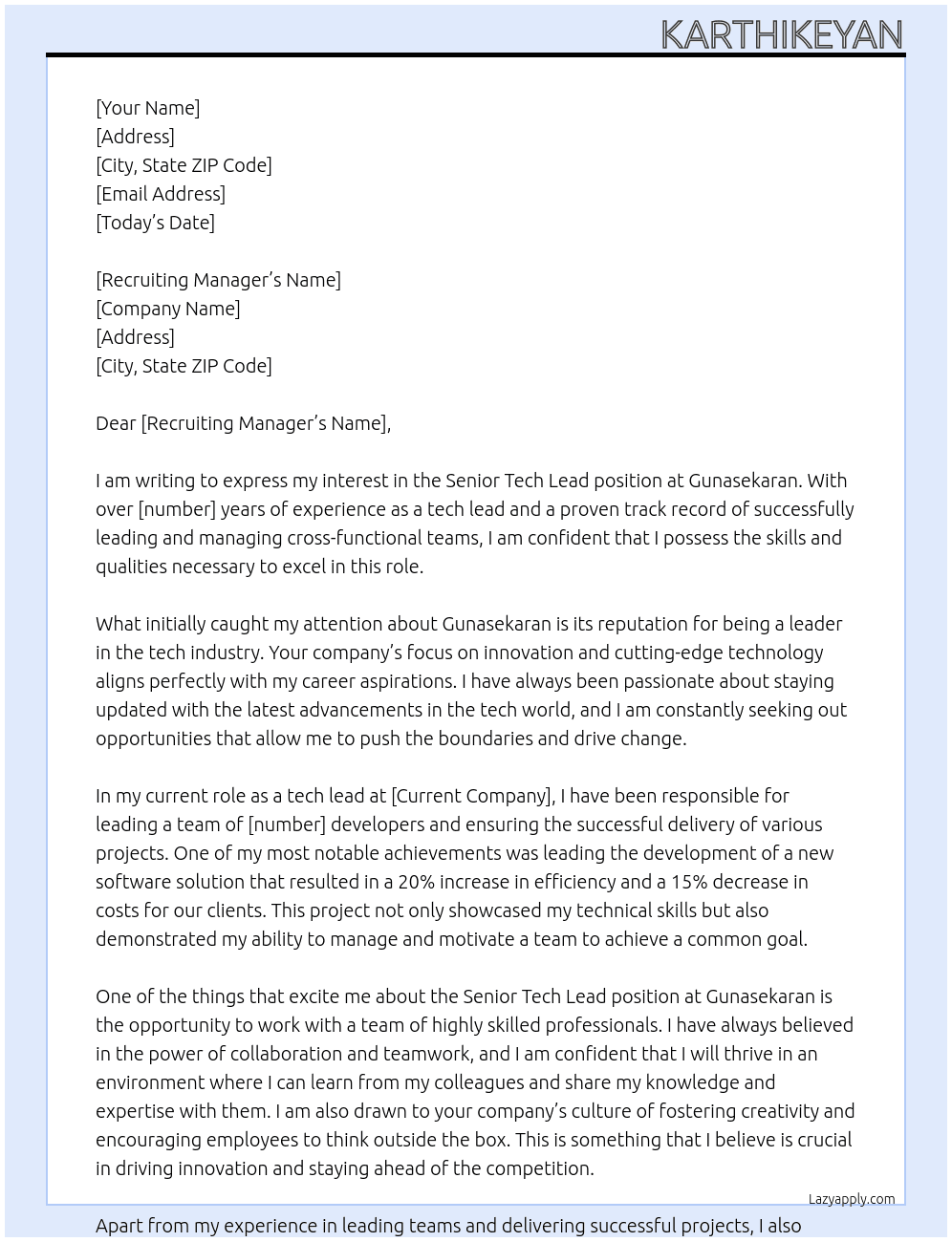 Senior Tech Lead At Gunasekaran Cover Letter