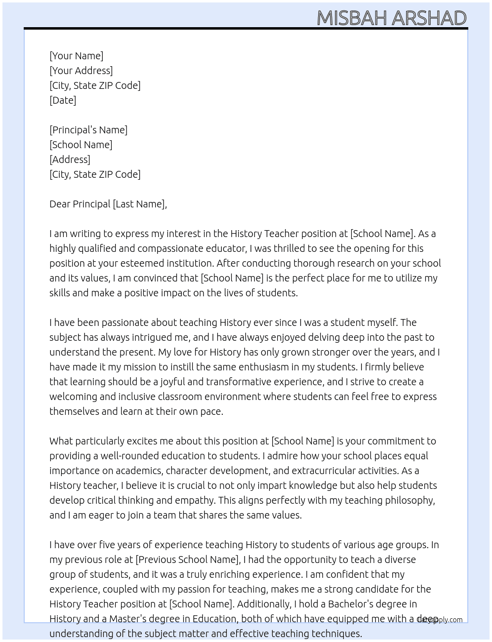 History teacher At Primary school Cover Letter