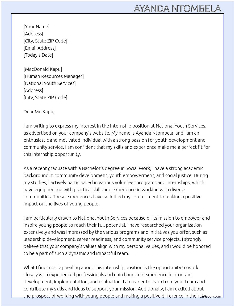 Internship  At National youth services  Cover Letter