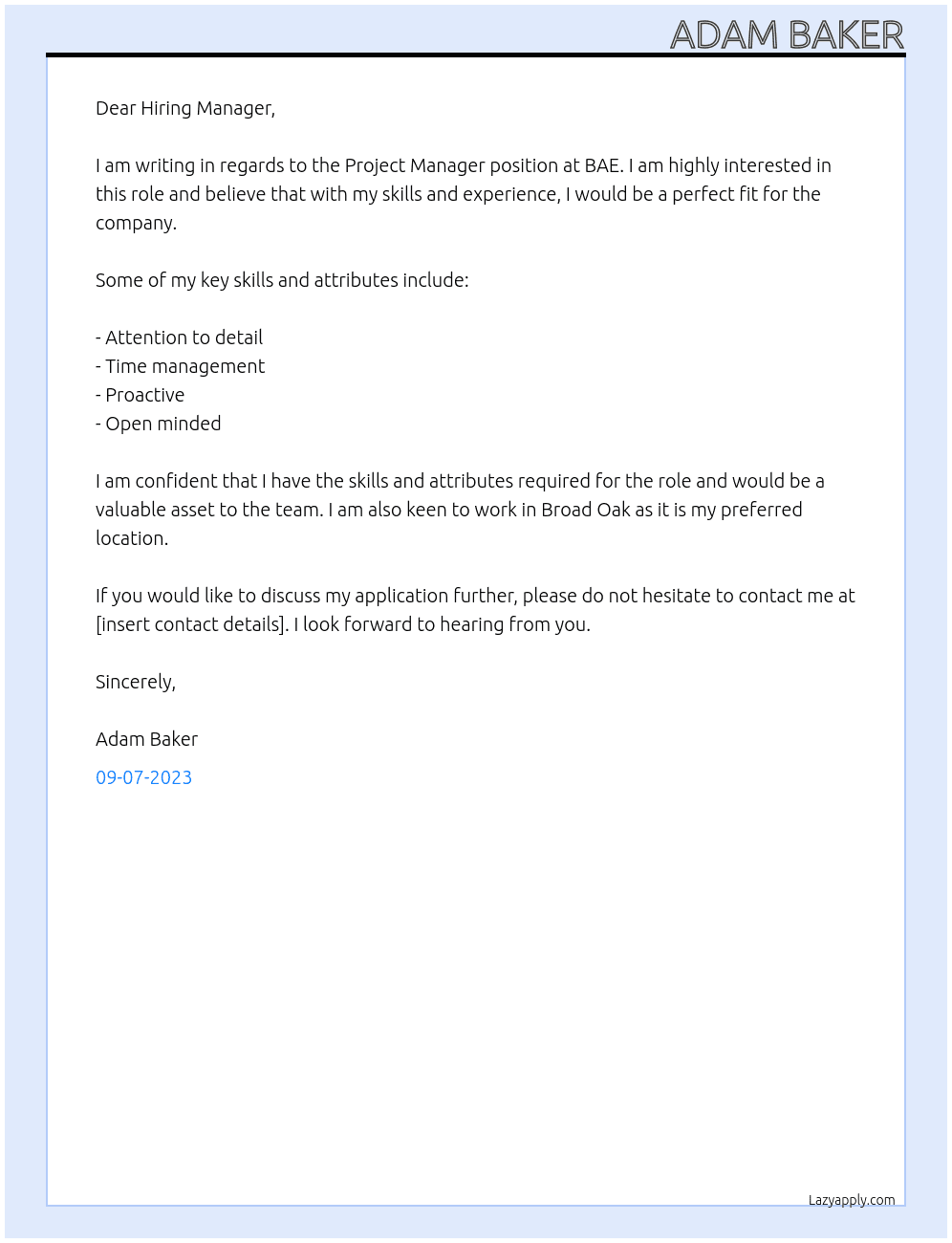 Project manager  At BAE Cover Letter