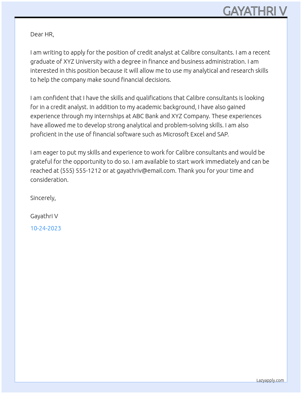 credit analyst At Calibre consultants Cover Letter