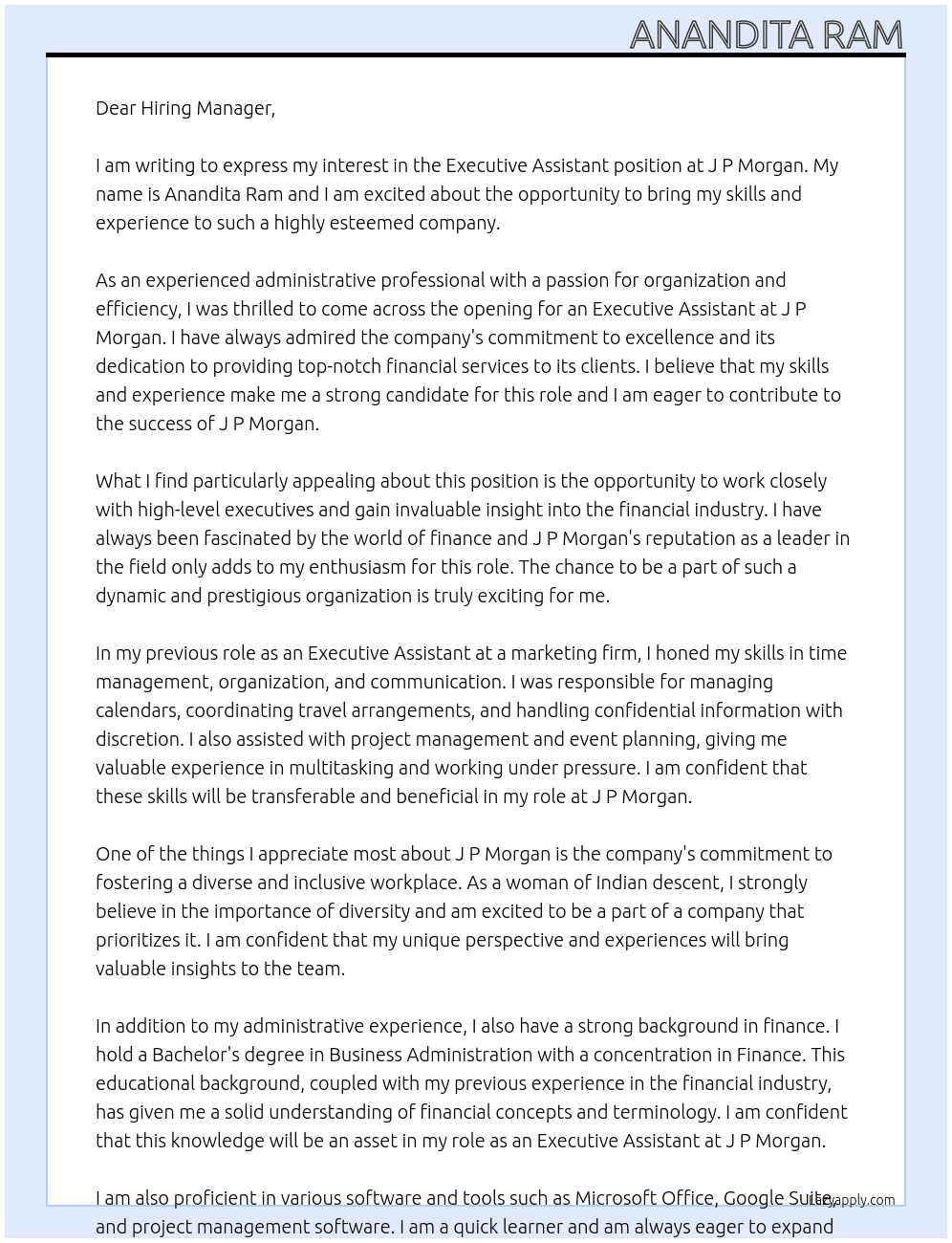 Executive Assistant At J P Morgan Cover Letter