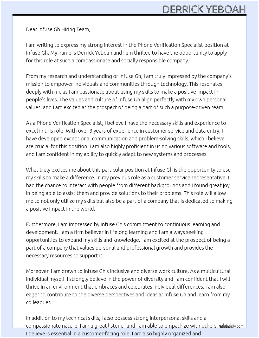 Phone verification specialist At Infuse Gh Cover Letter