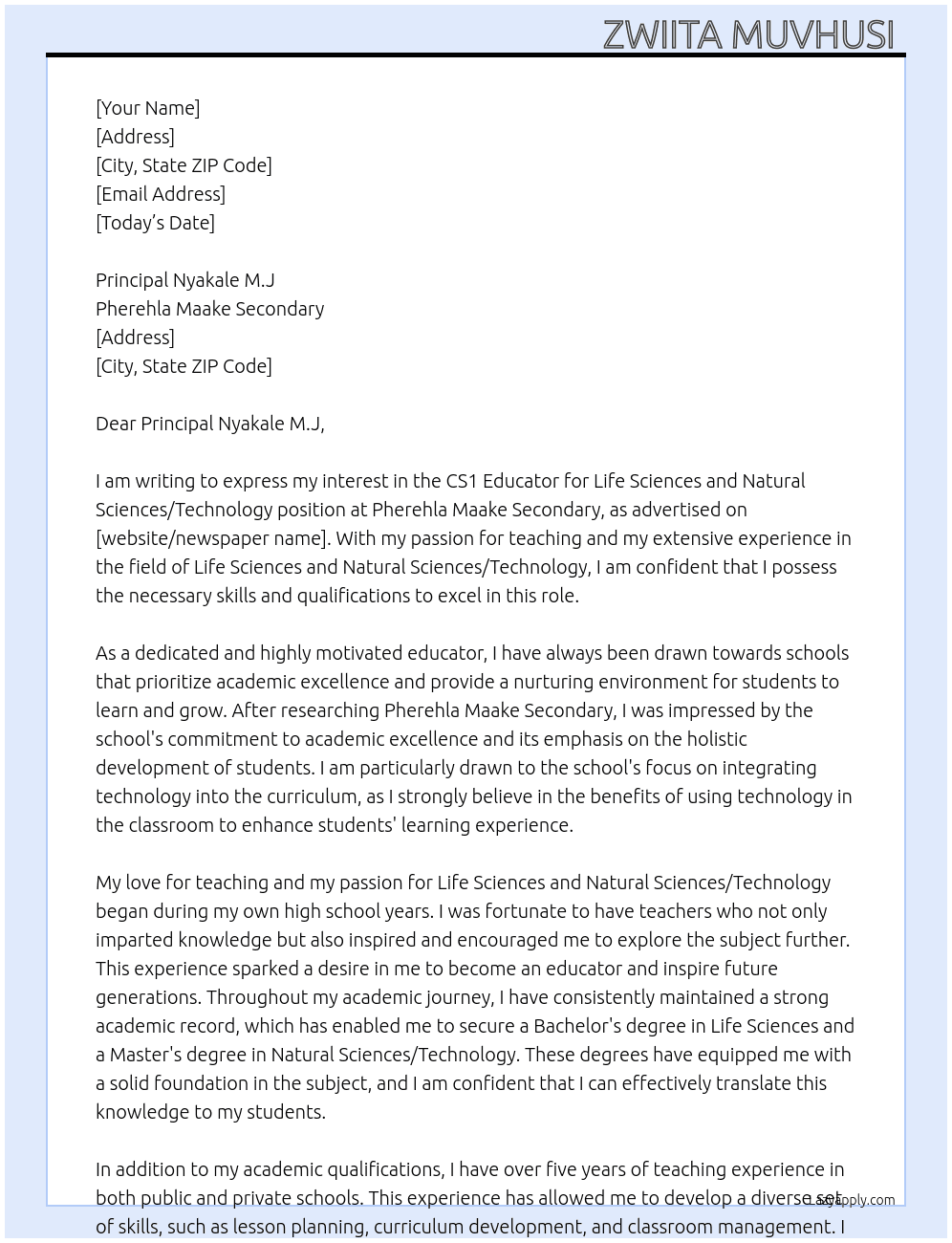 CS1 Educator for Life Sciences and Natural Sciences/Technology  At Pherehla Maake Secondary  Cover Letter