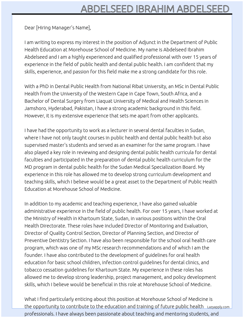 Department of Public Health Education( Adjunct) At Morehouse School of Medicine  Cover Letter