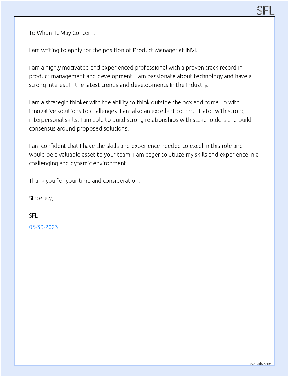 Product Manager At INVI Cover Letter