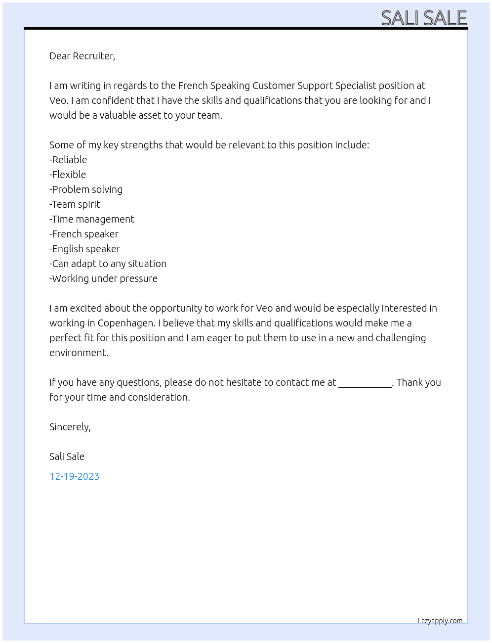 French Speaking Customer Support Specialist At Veo Cover Letter