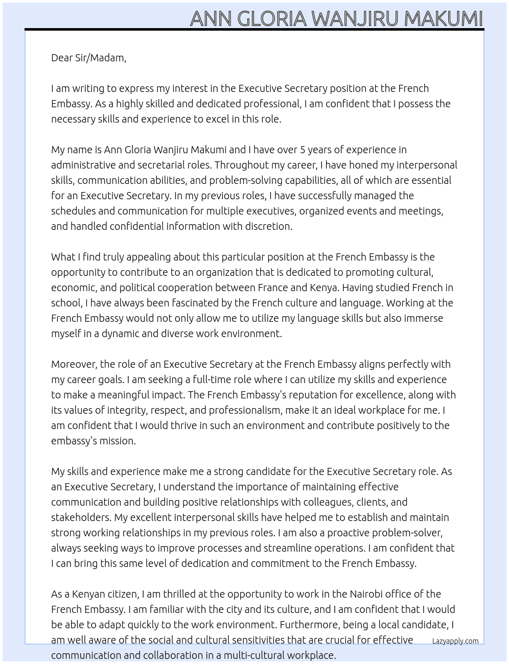 Executive Secretary  At French Embassy  Cover Letter