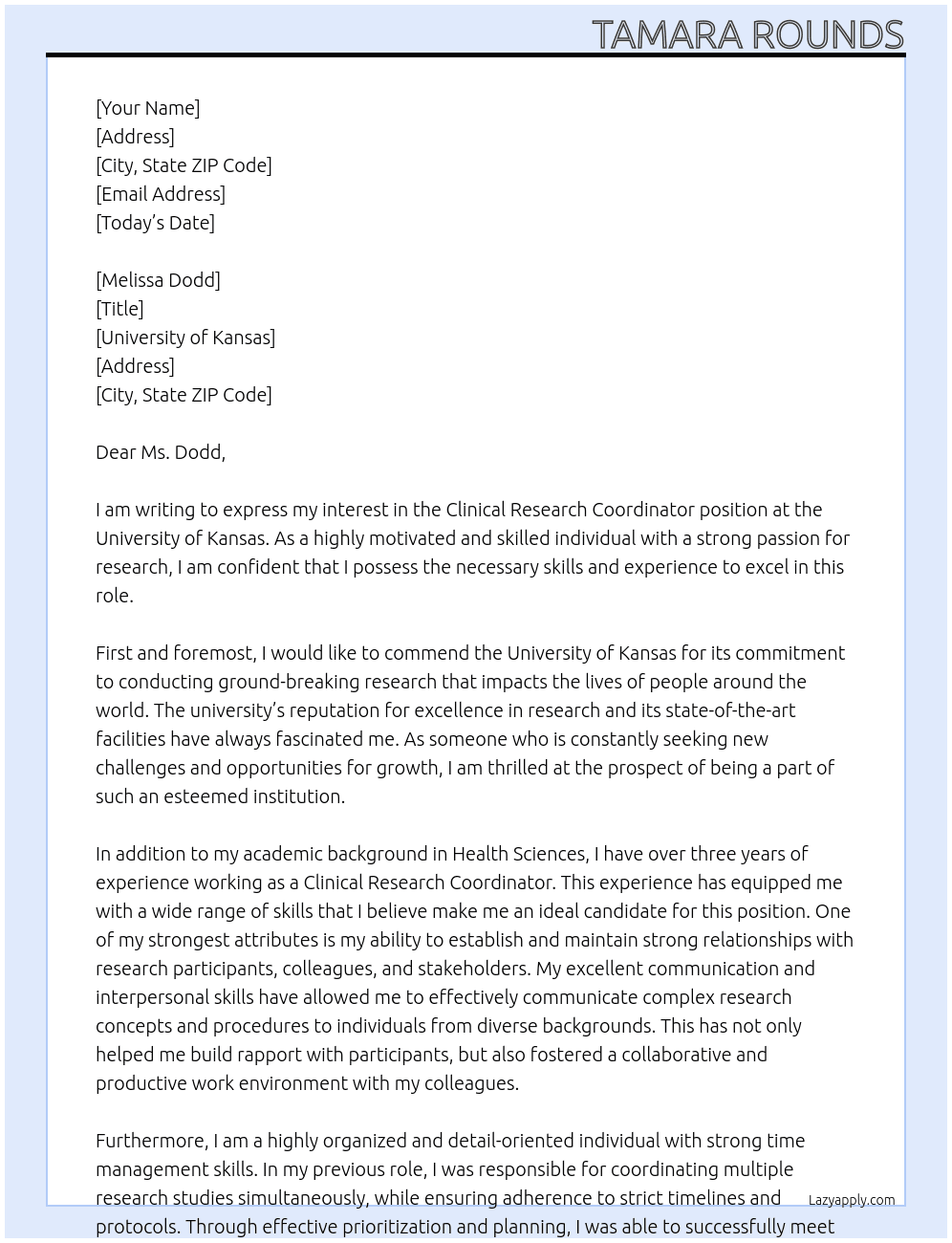 Clinical research coordinator At University of Kansas  Cover Letter