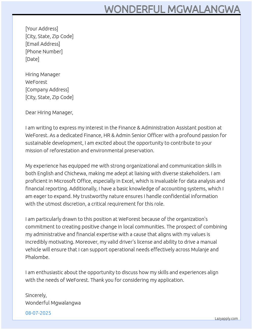 Finance & Administration Assistant At WeForest Cover Letter