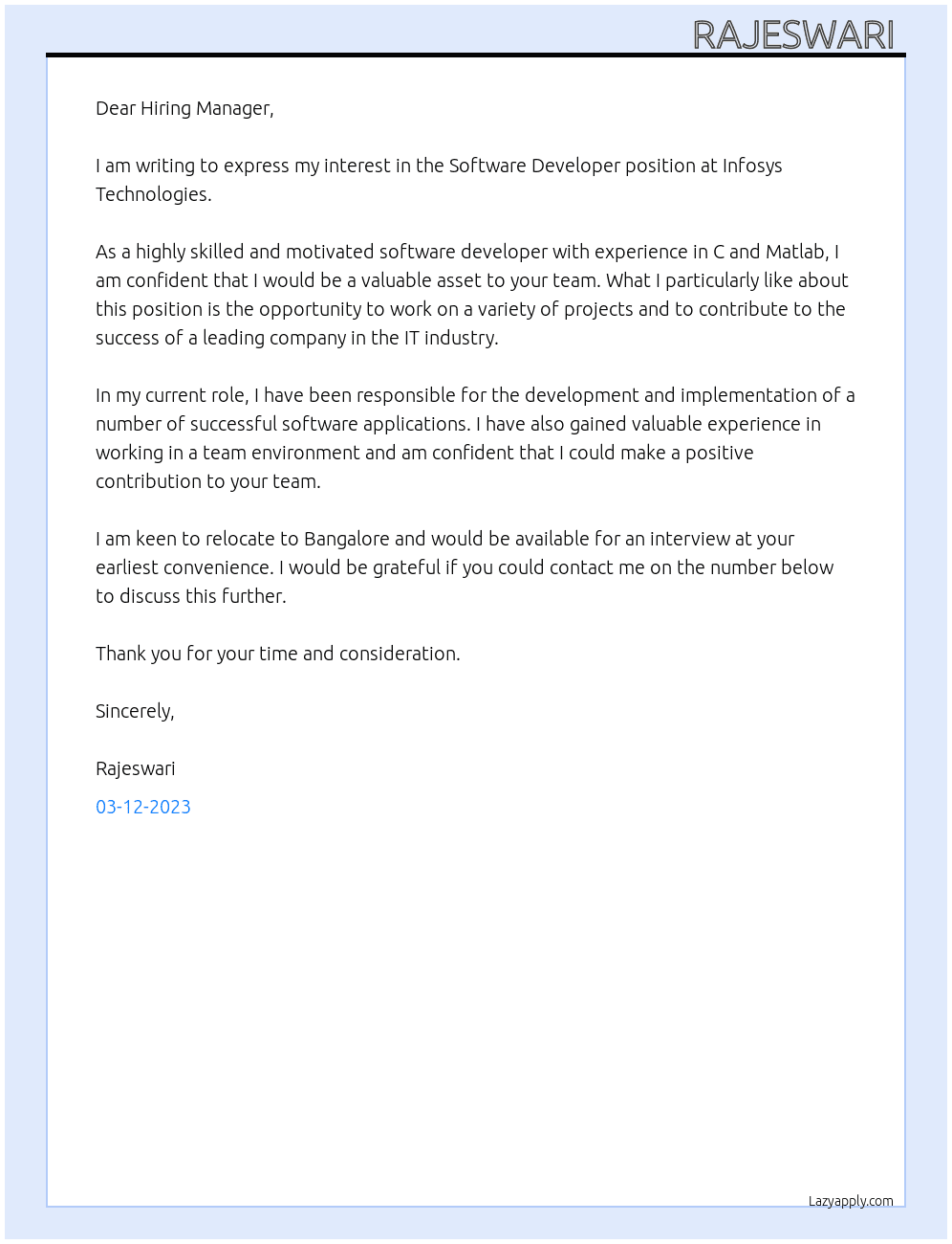 Software developer  At Infosys technologies  Cover Letter