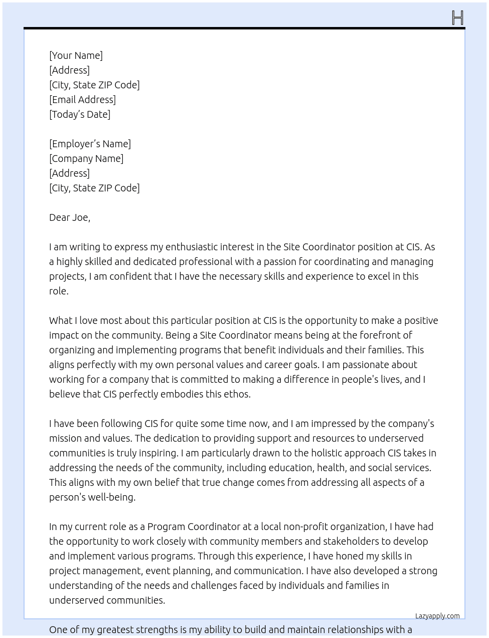 Site Coordinator At CIS Cover Letter