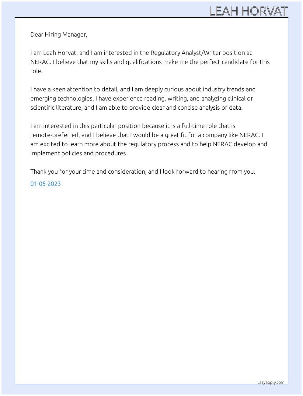 Regulatory Analyst/Writer At NERAC Cover Letter