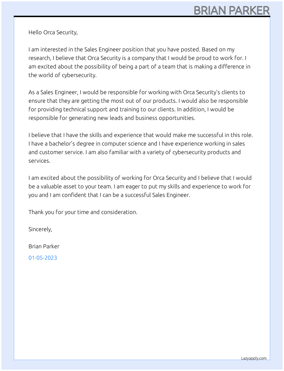 Sales Engineer  At Orca Security  Cover Letter