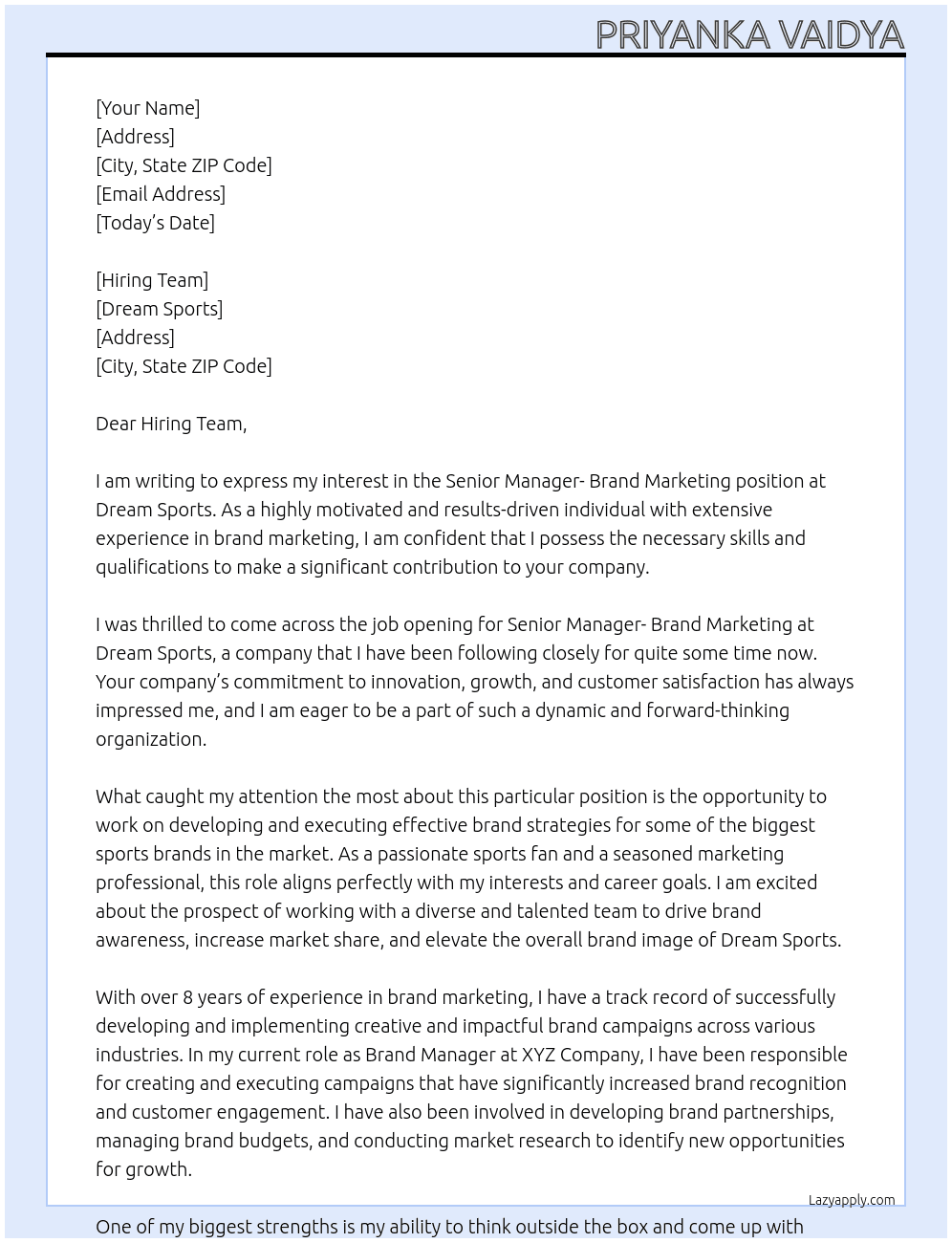 Senior Manager- Brand Marketing At Dream Sports Cover Letter