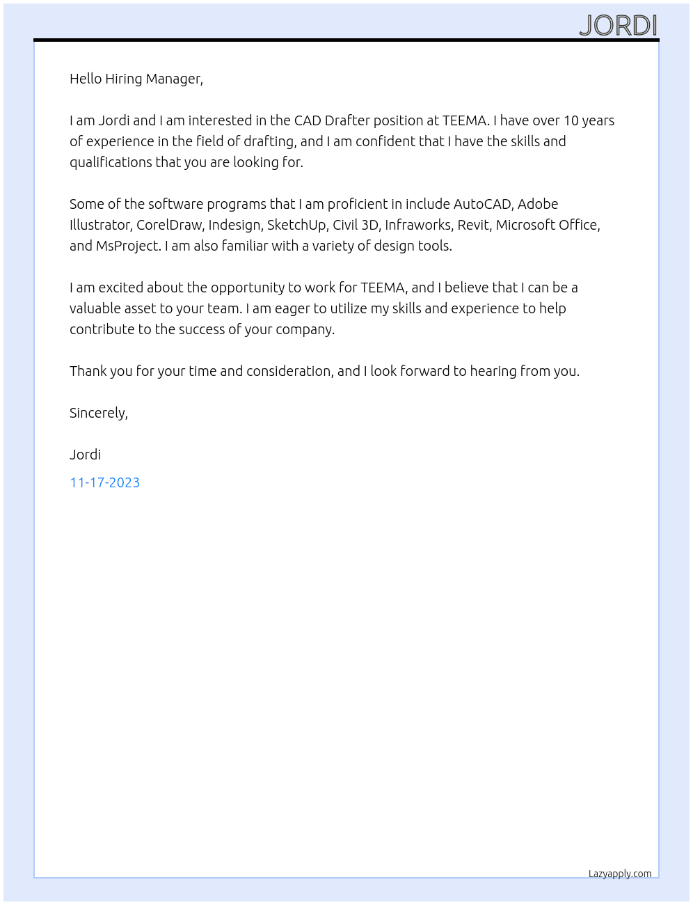 CAD DRAFTER At TEEMA Cover Letter
