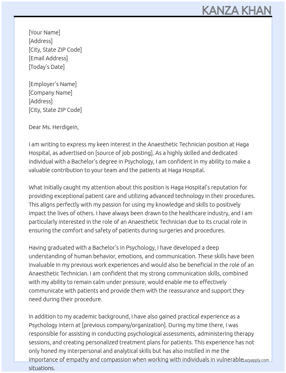Anaesthetic technician At Haga Hospital Cover Letter