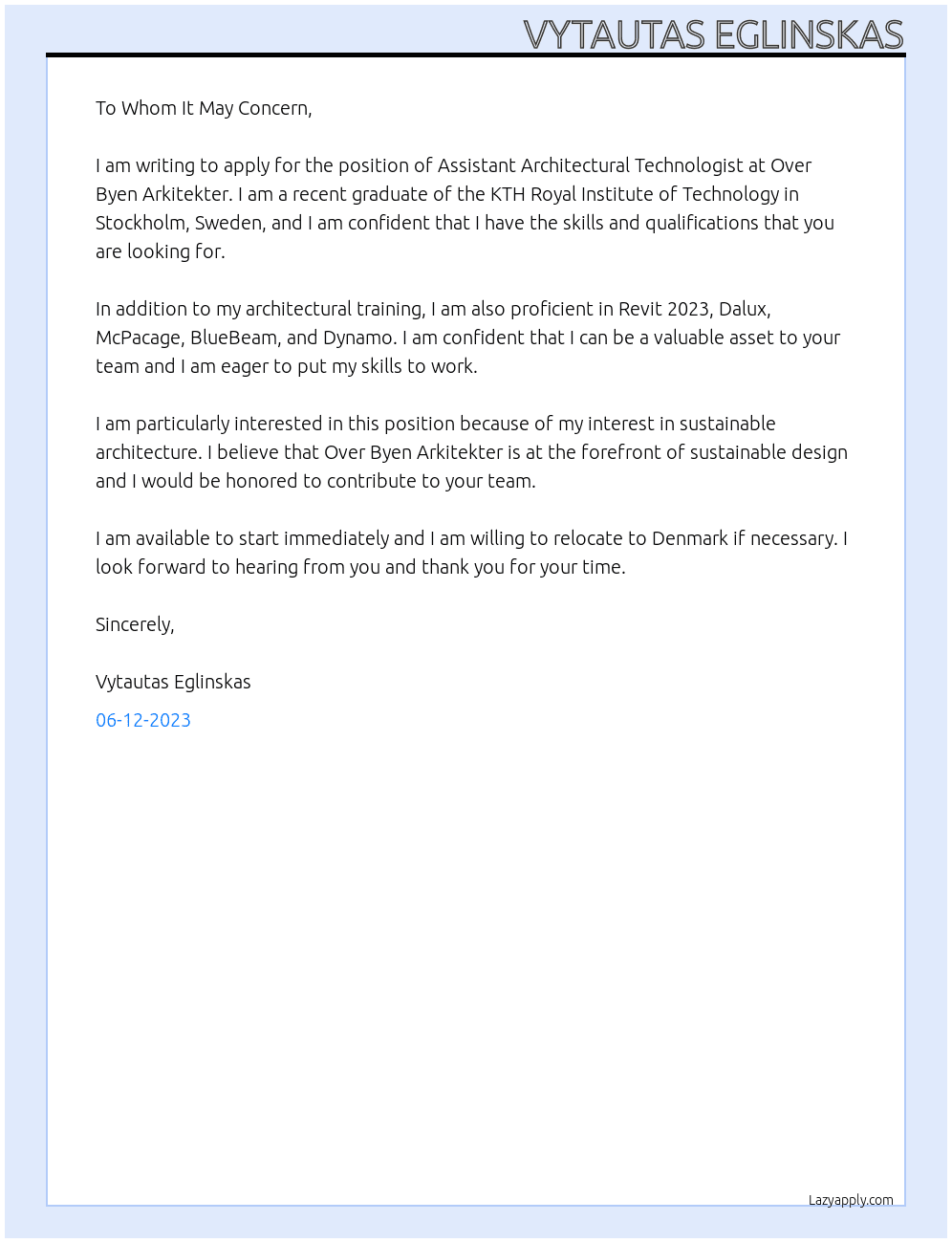 Architectural technologist At Over Byen Arkitekter Cover Letter