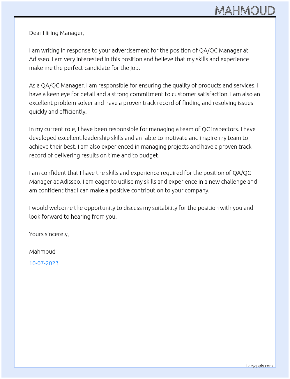 QA/QC Manager At Adisseo Cover Letter