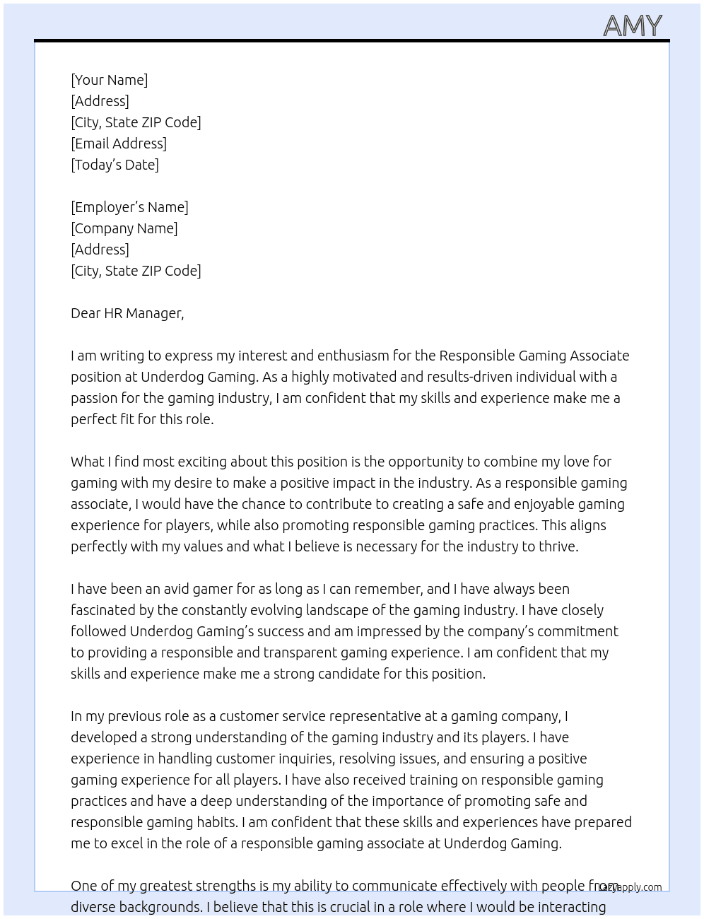 responsible gaming associate At Underdog Gaming Cover Letter