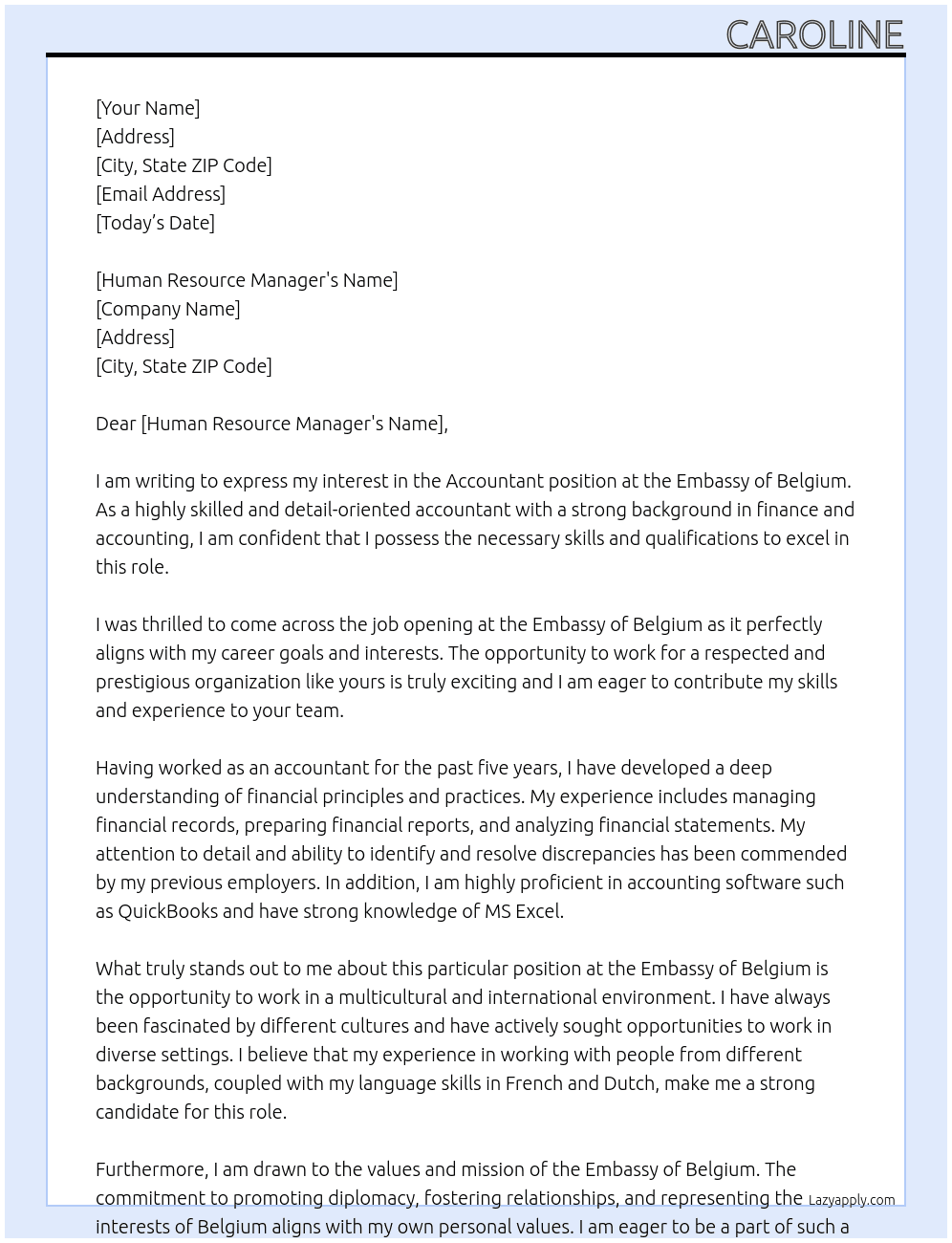 Accountant At Embassy of Belgium Cover Letter