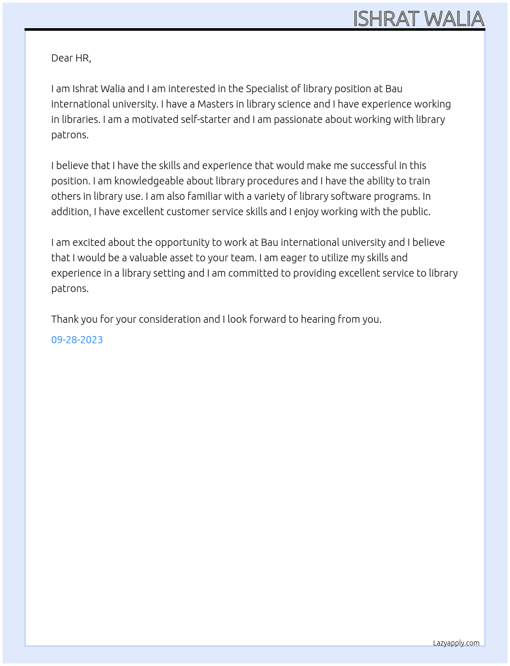Specialist of library At Bau international university Cover Letter