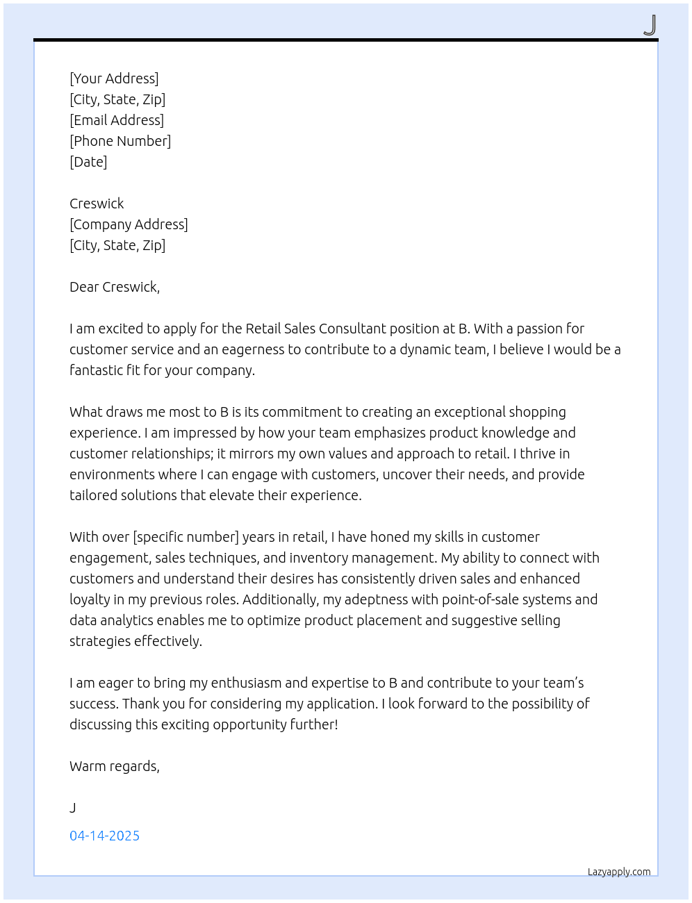 Retail Sales Consultant At b Cover Letter