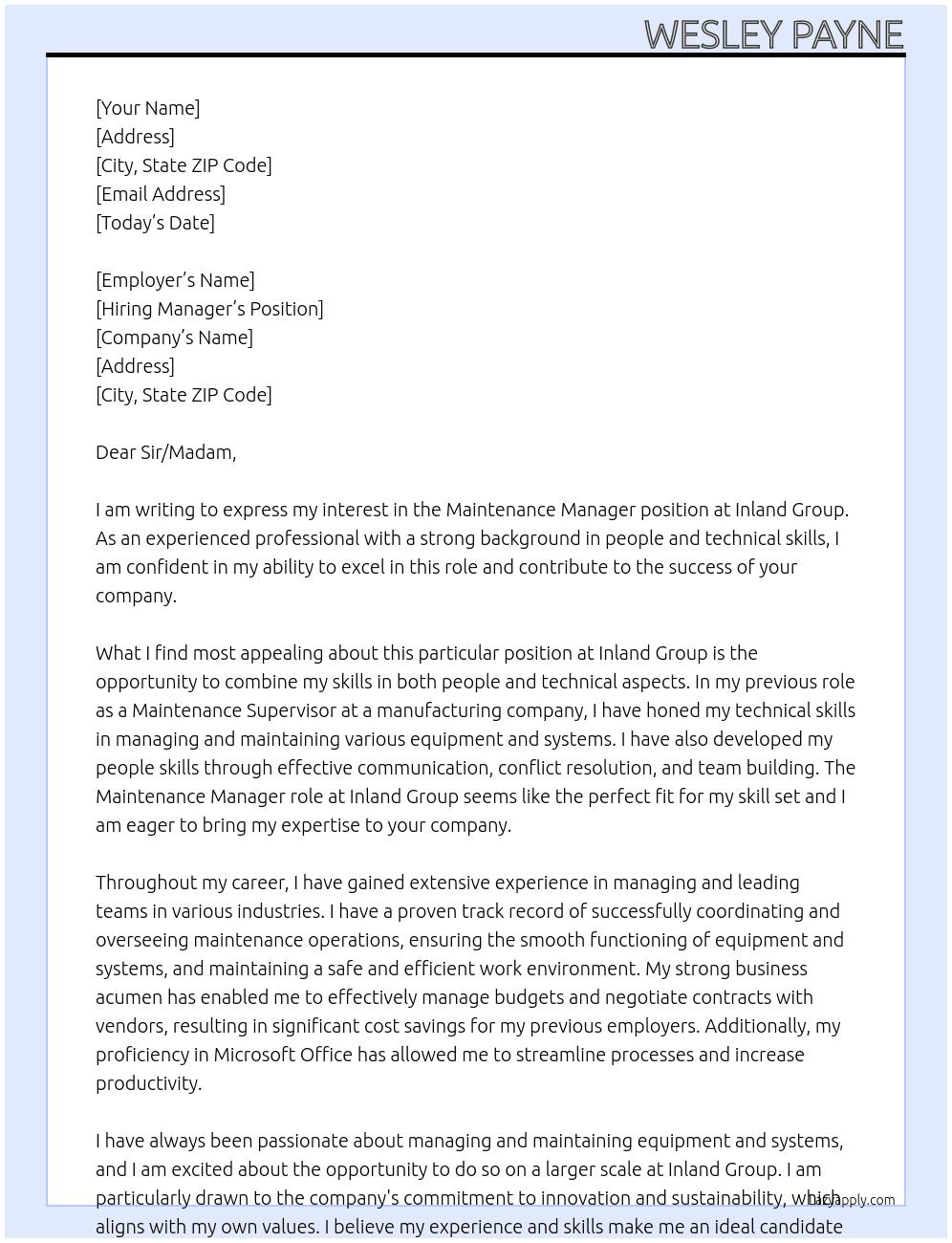 Maintenance Manager At Inland Group Cover Letter