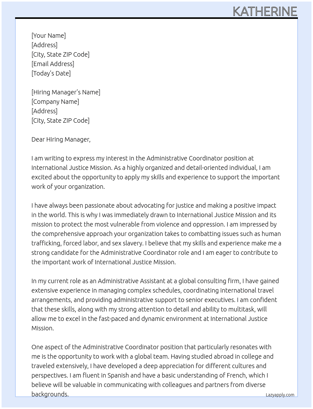 Administrative coordinator Global resources At International Justice mission Cover Letter
