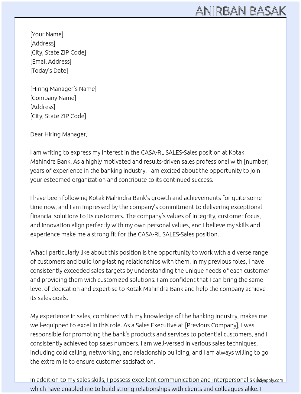 Cover letter for casa-rl sales-sales - LazyApply