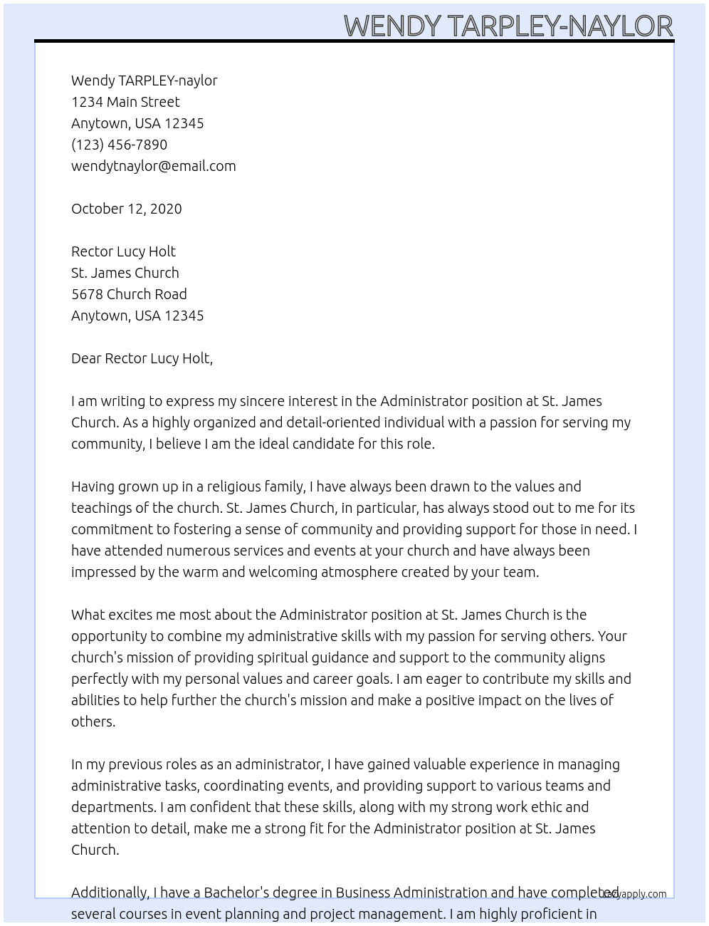 Administrator At St. James Church Cover Letter