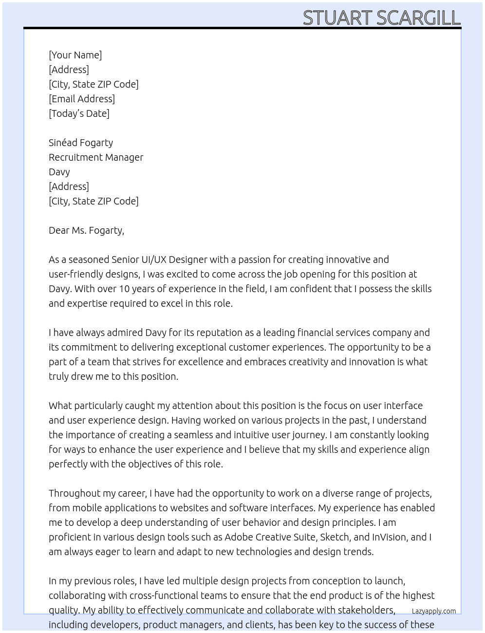 Senior UI/UX Designer At Davy Cover Letter